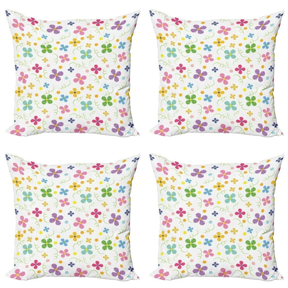 Ambesonne Flower Throw Pillow Cover 4 Pack, Spring Daisies Dots Sketch, 18", Multicolor