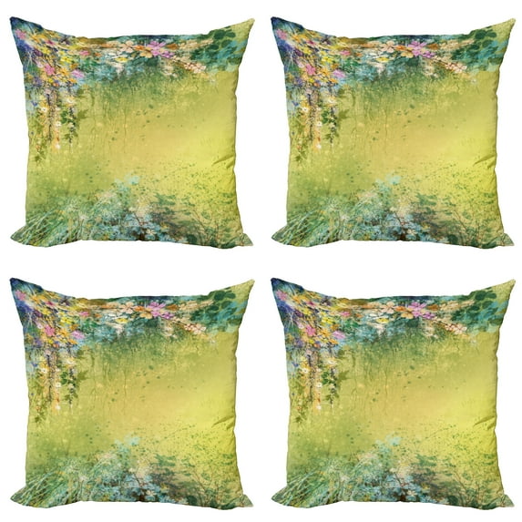 Ambesonne Flower Throw Pillow Cover 4 Pack, Spring Foliage Vintage, 16", Green