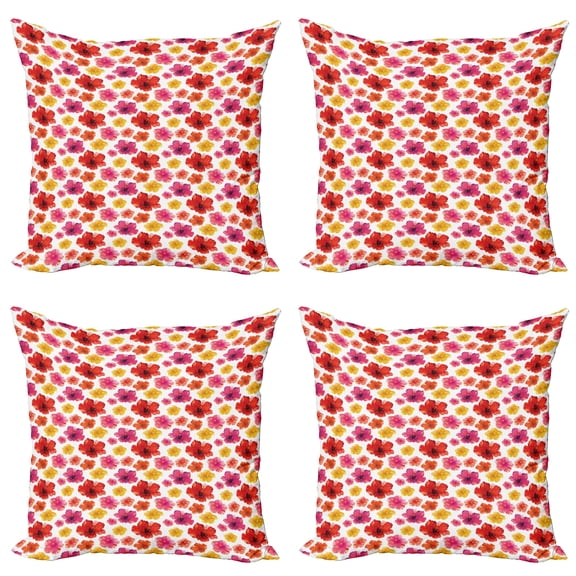 Ambesonne Flower Throw Pillow Cover 4 Pack, Tropical Jungle in Bloom, 24", Multicolor