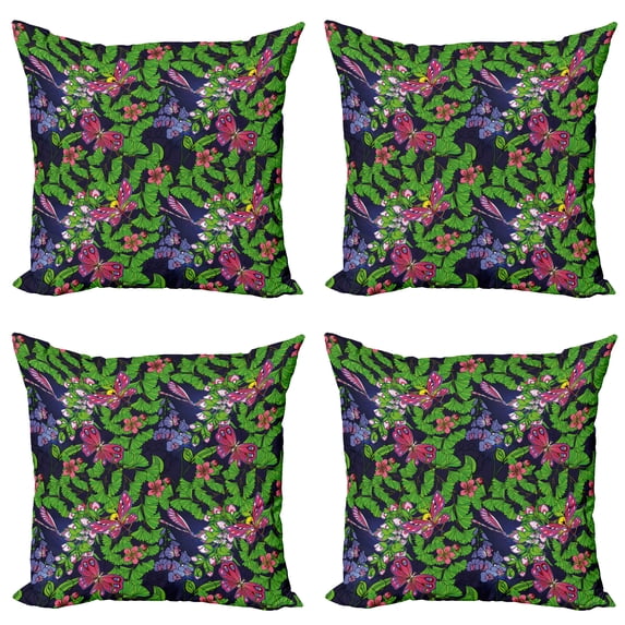 Ambesonne Flower Throw Pillow Cover 4 Pack, Tropical Vivid Petal, 16", Navy Blue Fern Green