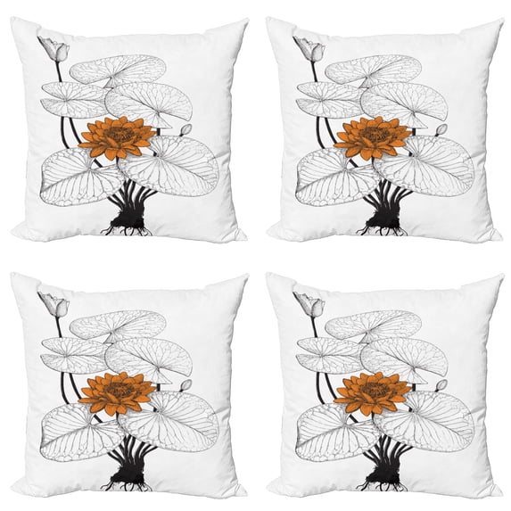 Ambesonne Flower Throw Pillow Cover 4 Pack, Water Lily, 16", Orange Black and White