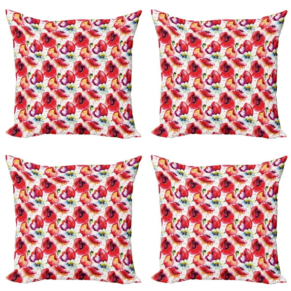 Ambesonne Flower Throw Pillow Cover 4 Pack, Watercolor Romance Art, 20", Blue Red