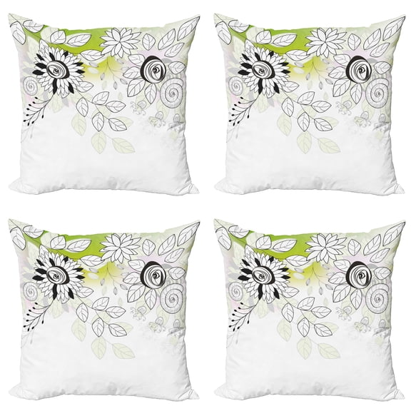 Ambesonne Flower Throw Pillow Cover 4 Pack, Wild Field Plants, 18", Black Eggshell Green