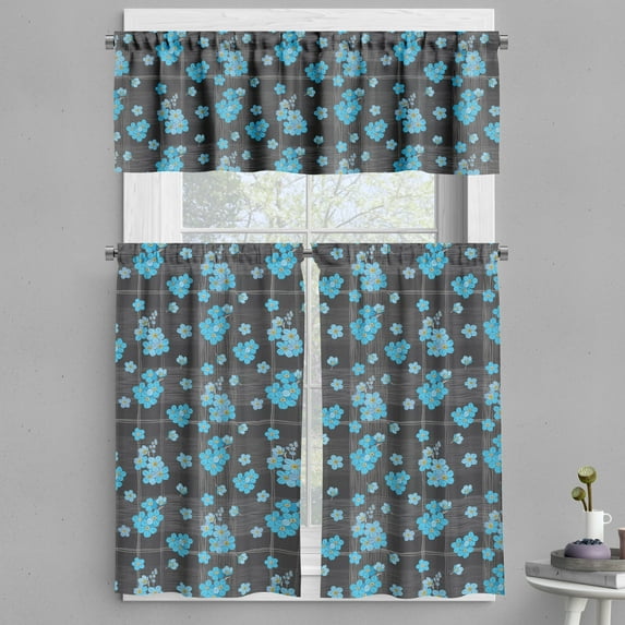 Ambesonne Flower Valance & Curtain, Blue Blossoms on Grid, 55"x36", Charcoal Grey Yellow