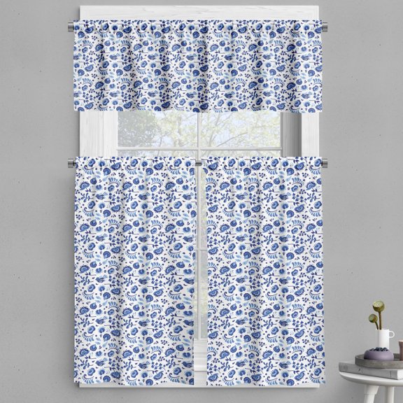 Ambesonne Flower Valance & Curtain, Folk Art Design Ethnic Bloom, 55"x30", White Pale Azure Blue