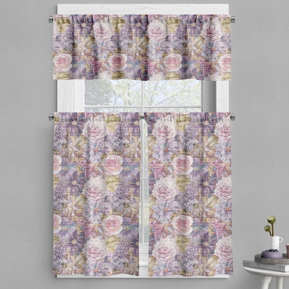 Ambesonne Flower Valance & Curtain, Roses Lilies Lilacs Print, 55"x30", Mauve Pale Pink and Khaki
