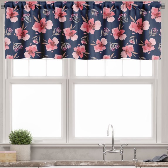 Ambesonne Flower Valance Pack of 2, Vibrant Tropical Blooms, 54"X12", Indigo Coral Pale Pink