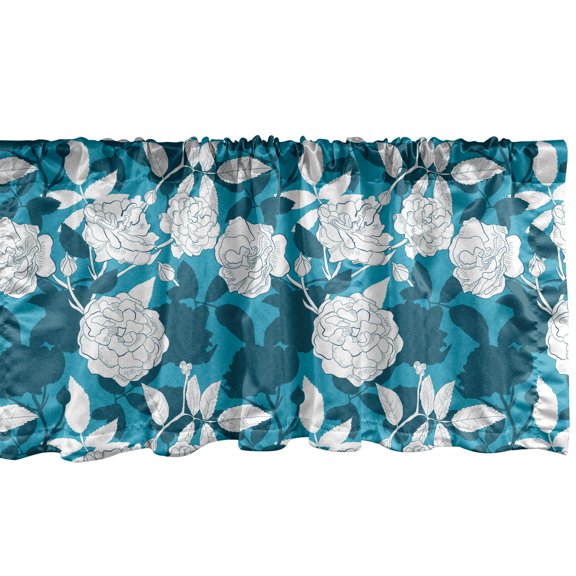Ambesonne Flower Window Valance, Botany Pattern with Monochrome Abstract Rose Silhouettes, Curtain Valance for Kitchen Bedroom Decor with Rod Pocket, 54" X 18", Petrol Blue Sea Blue