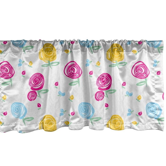 Ambesonne Flower Window Valance, Cartoon Design Abstract Roses and Buds Pattern, Curtain Valance for Kitchen Bedroom Decor with Rod Pocket, 54" X 18", Coconut Multicolor