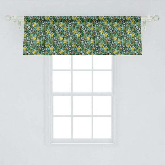Ambesonne Flower Window Valance, Cartoonish Pattern with Daffodil Branches, Curtain Valance for Kitchen Bedroom Decor with Rod Pocket, 54" X 18", Forest Green Multicolor