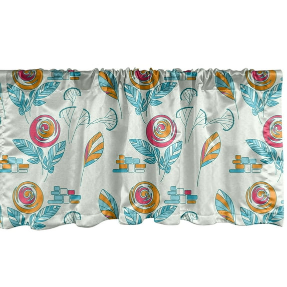 Ambesonne Flower Window Valance, Circular Blossoms Herbs Leaves and with Geometrical Elements, Curtain Valance for Kitchen Bedroom Decor with Rod Pocket, 54" X 12", Pale Blue Orange