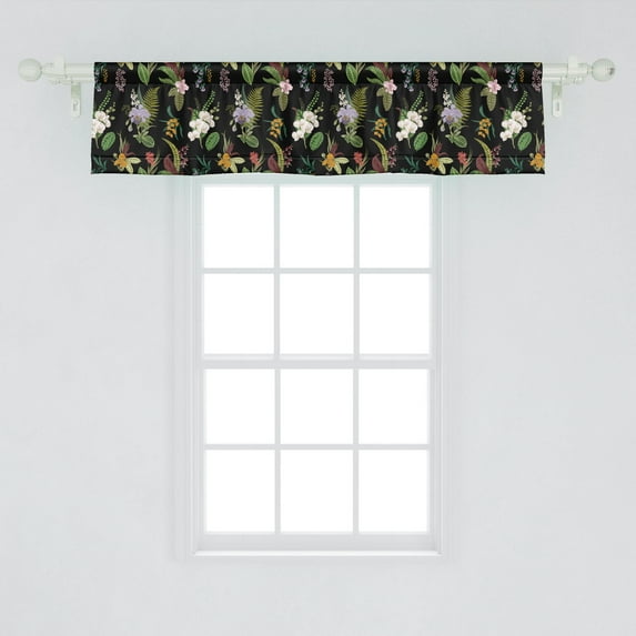 Ambesonne Flower Window Valance, Exotic Nature Composition Botanical Elements Fern Leaves and Flowers Vivid Colors, Curtain Valance for Kitchen Bedroom Decor with Rod Pocket, 54" X 12", Multicolor