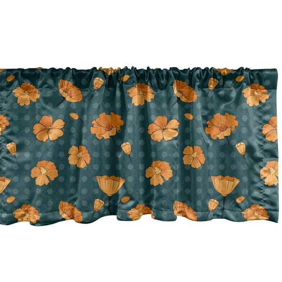 Ambesonne Flower Window Valance, Floral Pattern with Petals and Buds on Polka Dots, Curtain Valance for Kitchen Bedroom Decor with Rod Pocket, 54" X 12", Dark Teal Orange