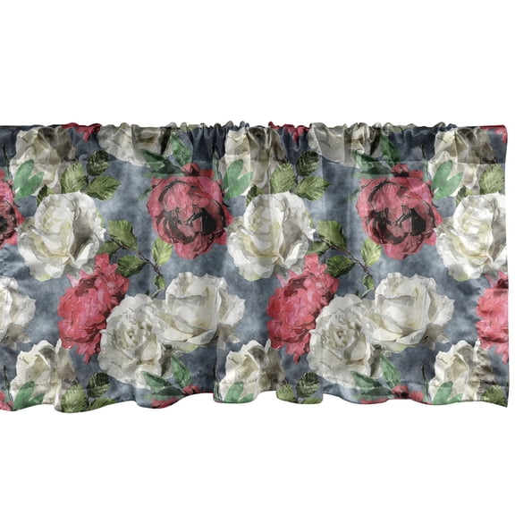 Ambesonne Flower Window Valance, Romantic Roses Leaves Print, 54" X 12", Blue Grey Dark Pink