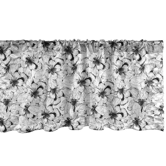 Ambesonne Flower Window Valance, Sketchy Drawn Continuous Pattern of Hibiscuses in Monochrome Design, Curtain Valance for Kitchen Bedroom Decor with Rod Pocket, 54" X 12", Charcoal Grey and White