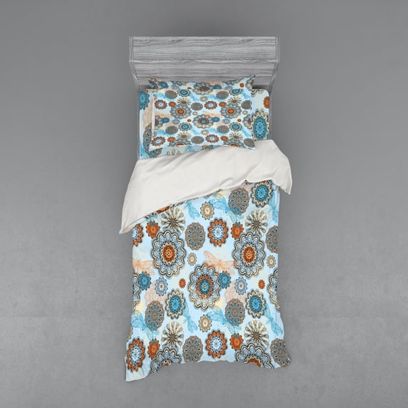 Ambesonne Flowers Bedding Set 3 Pcs, Abstract Drawing, Twin XL, Pale Blue Multicolor