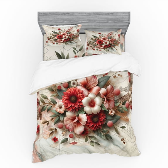 Ambesonne Flowers Bedding Set 4 Pcs, Tender Floral Marble Print, King, Pale Ruby and Laurel Green
