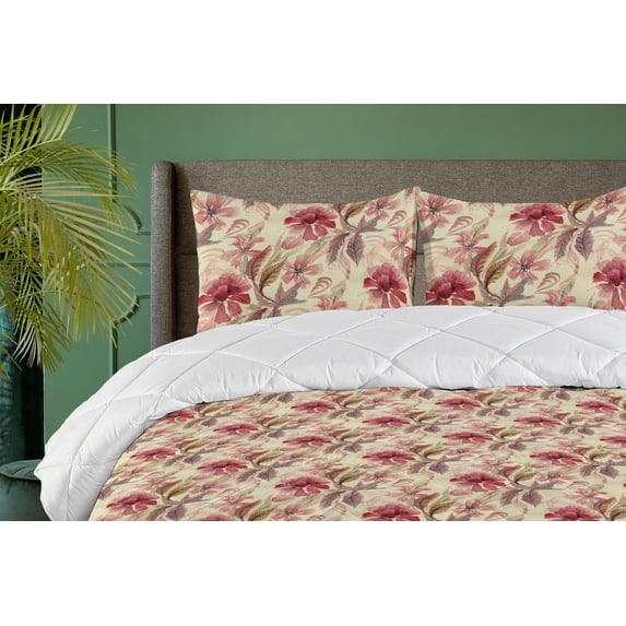 Ambesonne Flowers Boho Down Alternative Quilt Comforter, Delicate Floral Boho, Full, Dark Pink Pale Green