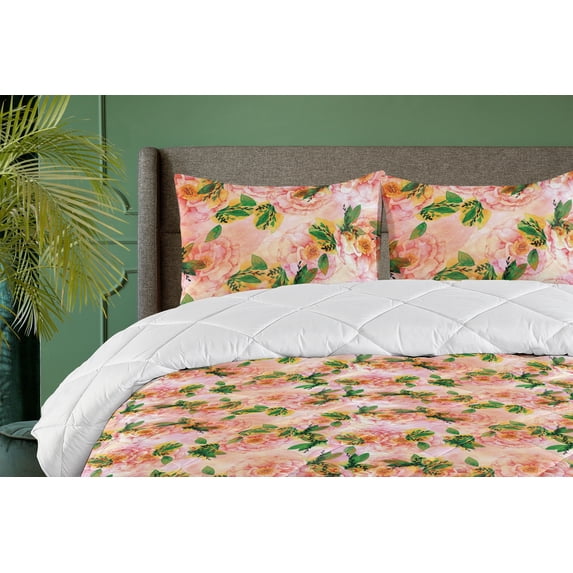 Ambesonne Flowers Boho Down Alternative Quilt Comforter, Watercolor Rose Art, Full, Jade Green Pale Pink