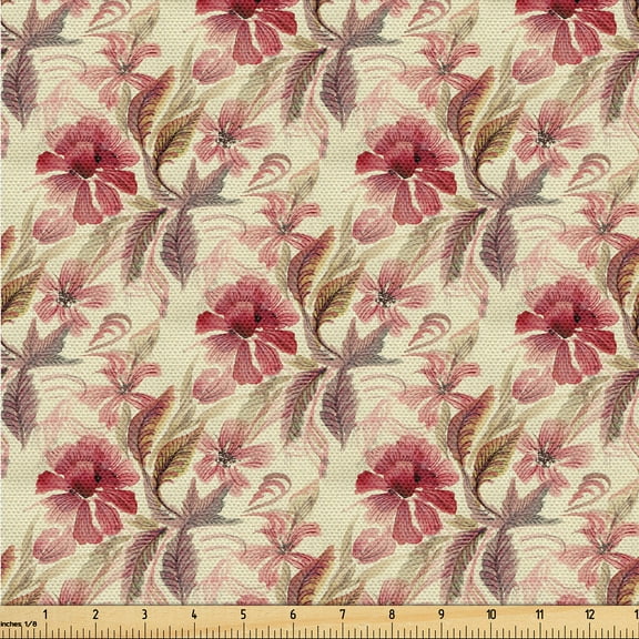 Ambesonne Flowers Boho Fabric by the Yard, Delicate Floral Boho, 10 Yards, Dark Pink Pale Green