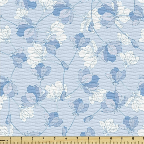 Ambesonne Flowers Boho Fabric by the Yard Upholstery, Garden Blooming Buds, 10 Yards, Pale Azure Blue White