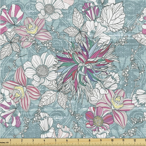 Ambesonne Flowers Boho Fabric by the Yard Upholstery, Colorful Dahlia Art, 5 Yards, Hot Pink Seafoam and White