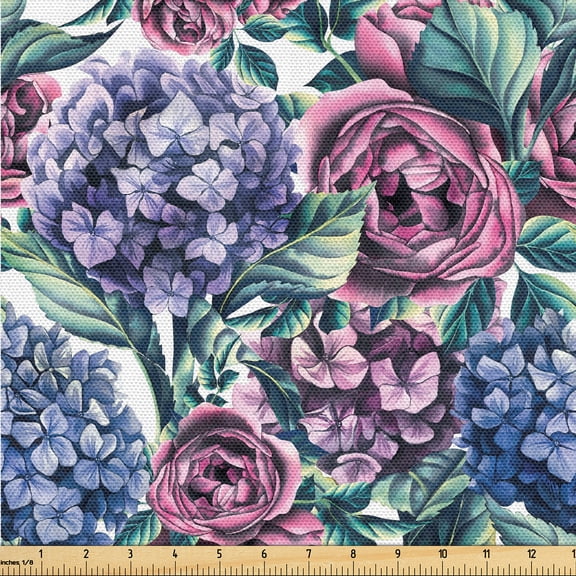 Ambesonne Flowers Boho Fabric by the Yard Upholstery, Garden Scene Rose Art, 2 Yards, Lavender Peacock Green