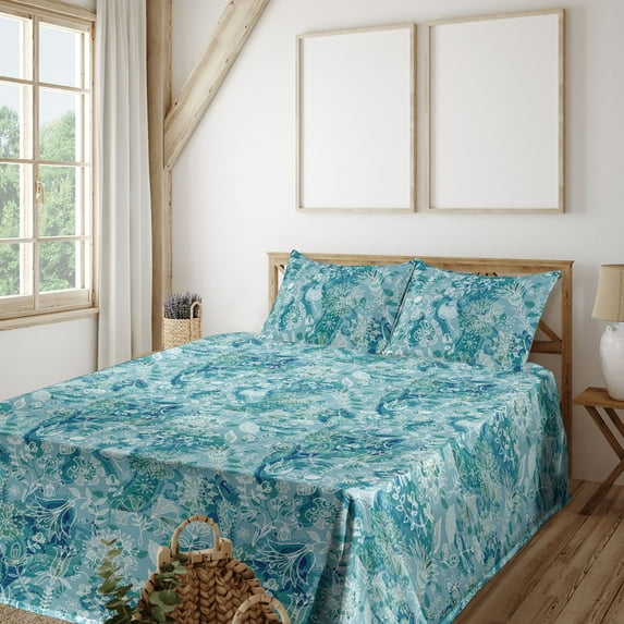Ambesonne Flowers Boho Fitted & Flat Sheet with Shams 4 Pcs Set, Nautical Floral Motif, King, Seafoam Cadet Blue White