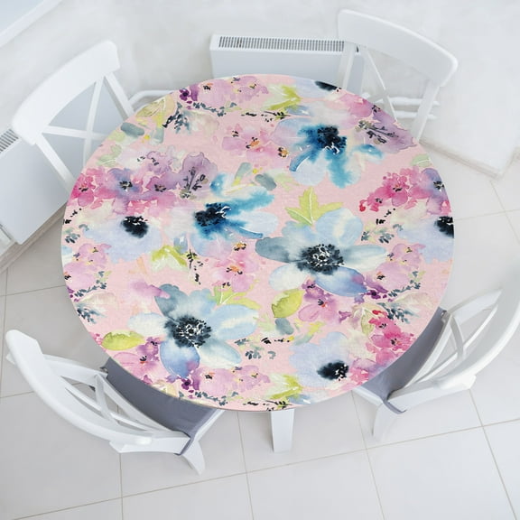 Ambesonne Flowers Boho Fitted Round Tablecloth, Meadow Hibiscus Art, 36"- 40" Diameter, Pale Pink Pale Azure Blue