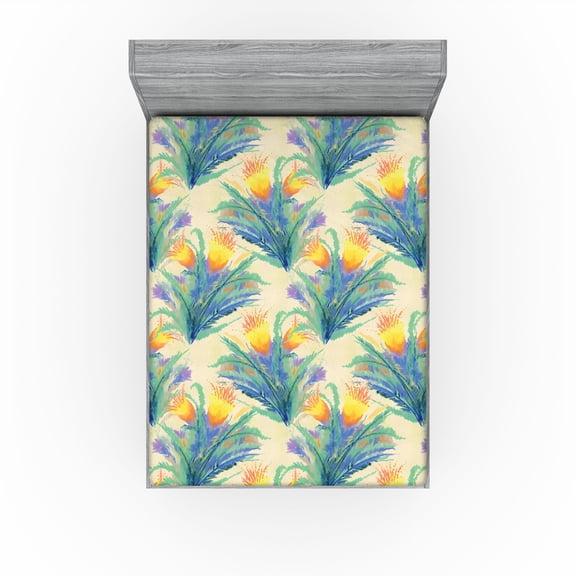 Ambesonne Flowers Boho Fitted Sheet, Aquarelle Floral Print, California King, Sea Green Mustard Violet