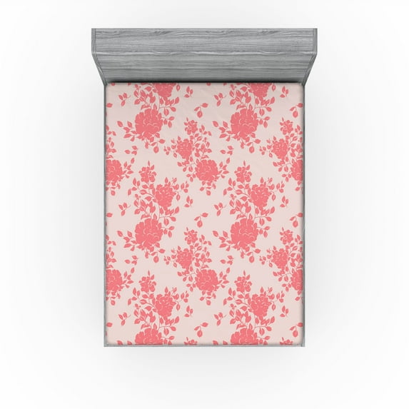 Ambesonne Flowers Boho Fitted Sheet, Blooming Floral Art, Full Size, Coral and Pale Rose