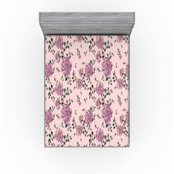Ambesonne Flowers Boho Fitted Sheet, British Garden Roses, King Size, Pastel Pink and Pale Purple