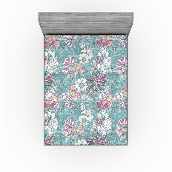 Ambesonne Flowers Boho Fitted Sheet, Colorful Dahlia Art, Queen Size, Hot Pink Seafoam and White