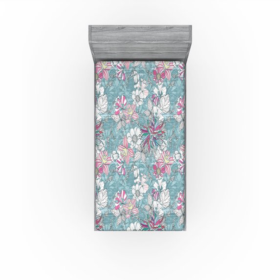 Ambesonne Flowers Boho Fitted Sheet, Colorful Dahlia Art, Twin Size, Hot Pink Seafoam and White
