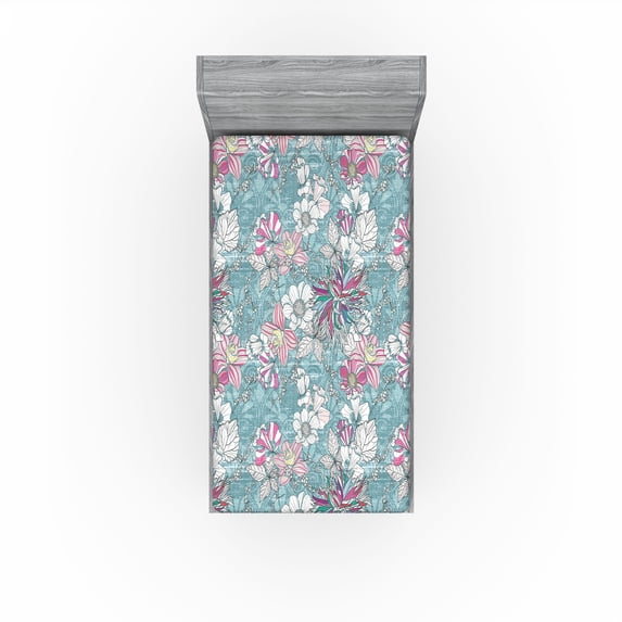 Ambesonne Flowers Boho Fitted Sheet, Colorful Dahlia Art, Twin XL Size, Hot Pink Seafoam and White