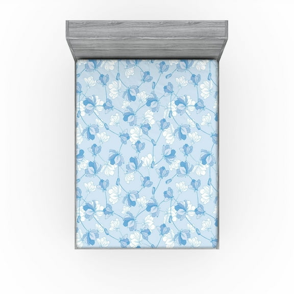 Ambesonne Flowers Boho Fitted Sheet, Garden Blooming Buds, California King, Pale Azure Blue White
