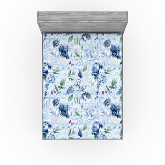 Ambesonne Flowers Boho Fitted Sheet, Leaves Greenery Art, King Size, Pale Blue Peacock Green