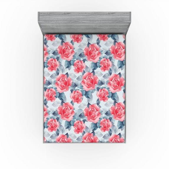 Ambesonne Flowers Boho Fitted Sheet, Neutral Leafy Rose Art, King Size, Slate Blue Dark Coral