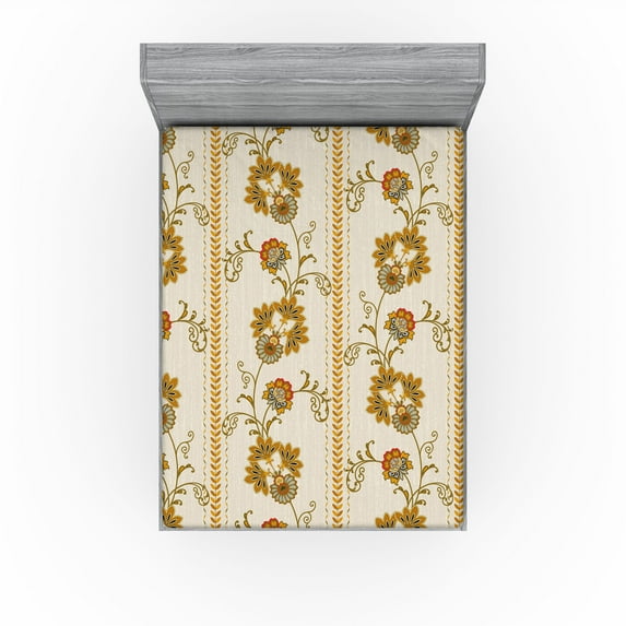 Ambesonne Flowers Boho Fitted Sheet, Oriental Floral Design, Queen Size, Pale Tan Dark Yellow