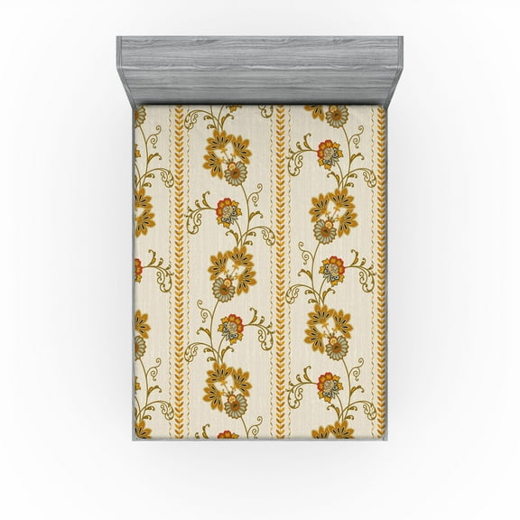 Ambesonne Flowers Boho Fitted Sheet, Oriental Floral Design, Queen Size, Pale Tan Dark Yellow