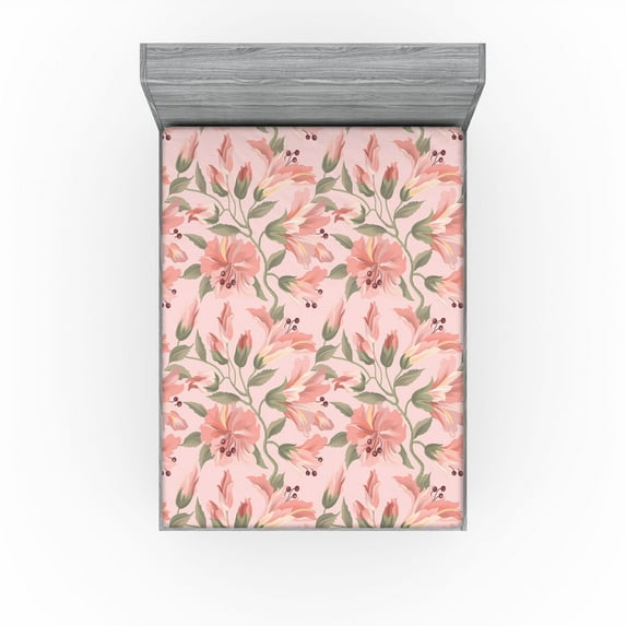 Ambesonne Flowers Boho Fitted Sheet, Pastel 90s Floral Art, Queen Size, Peacock Green Pale Pink