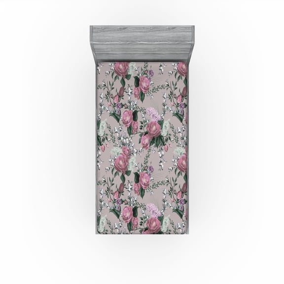Ambesonne Flowers Boho Fitted Sheet, Romantic Rose Lilac, Twin XL Size, Hunter Green Dried Rose