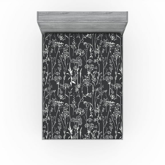 Ambesonne Flowers Boho Fitted Sheet, Simple Floral Pattern, California King, Charcoal Grey White