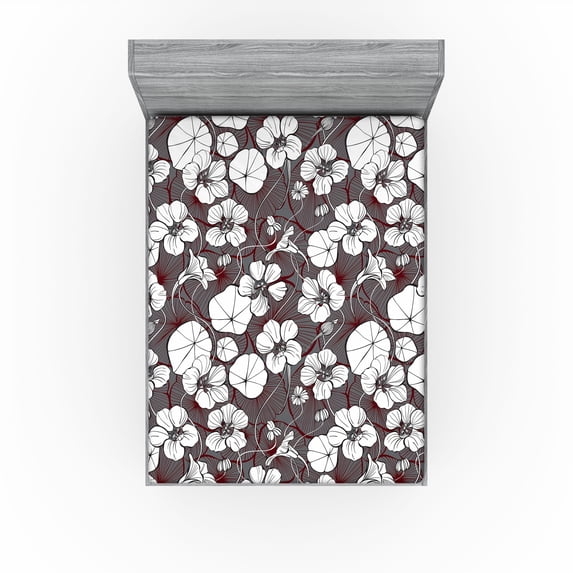 Ambesonne Flowers Boho Fitted Sheet, Simple Nasturtium Art, Full Size, White Taupe Grey Redwood