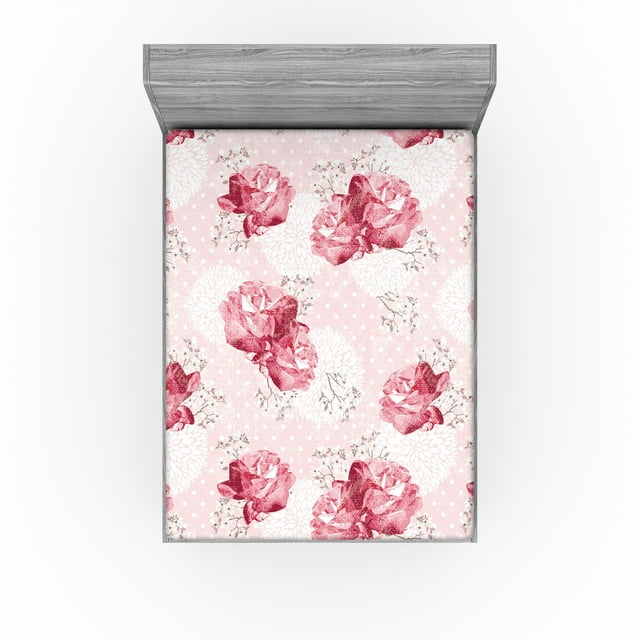 Ambesonne Flowers Boho Fitted Sheet, Vintage Rose Floral, Queen Size, Pale Pink and Dark Pink