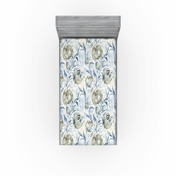 Ambesonne Flowers Boho Fitted Sheet, Wild Life Floral Art, Twin XL Size, Blue Grey Peacock Green