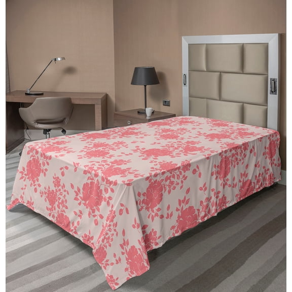 Ambesonne Flowers Boho Flat Bedding Sheet Soft Top Sheet, Blooming Floral Art, Twin, Coral and Pale Rose