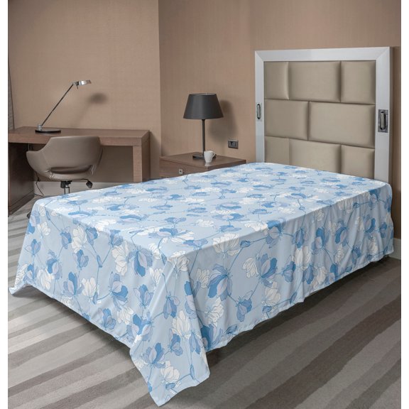 Ambesonne Flowers Boho Flat Bedding Sheet Soft Top Sheet, Garden Blooming Buds, Twin, Pale Azure Blue White