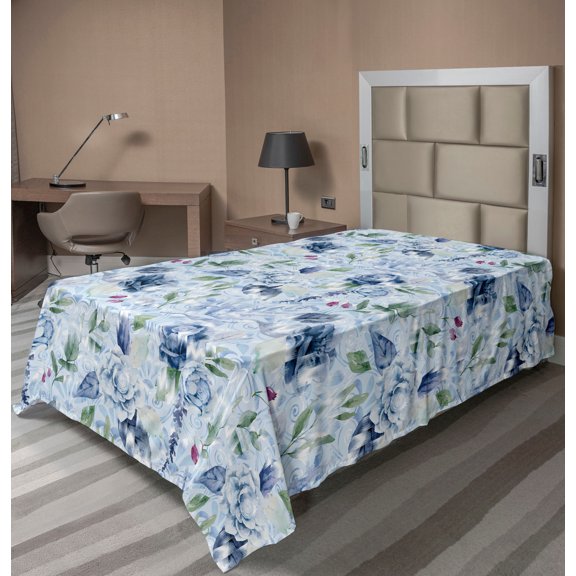 Ambesonne Flowers Boho Flat Bedding Sheet Soft Top Sheet, Leaves Greenery Art, Twin, Pale Blue Peacock Green