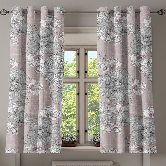 Ambesonne Flowers Boho Grommet Curtain, Linear Vintage Floral, 50"x63", Pale Mustard White Lilac